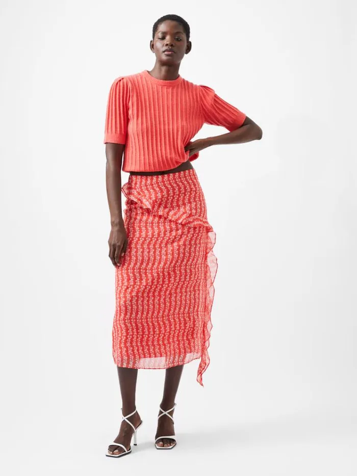 French Connection Skirts and Shorts Frances Recycled Crinkle Ruffle Midi Skirt Cayenne Redwhite 8211 Woman