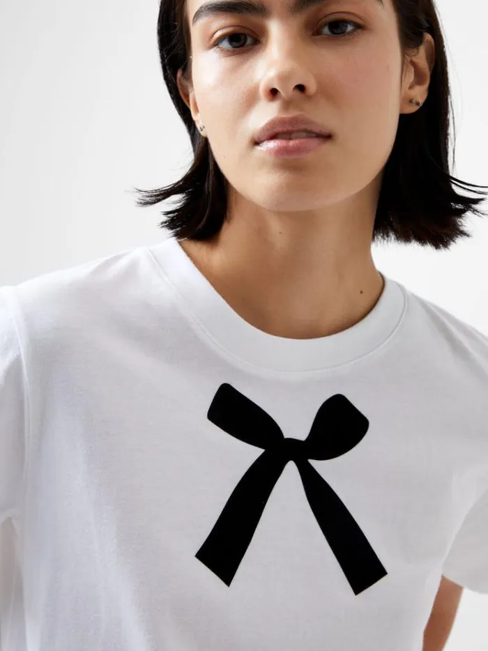 French Connection Tops Bow Graphic TShirt Linen White 8211 Woman