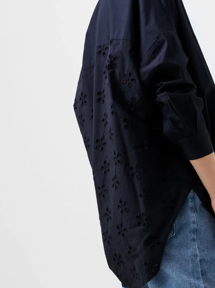 French Connection Tops Broderie Mix Long Sleeve Popover Shirt Black 8211 Woman