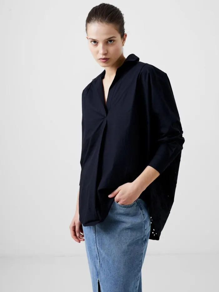 French Connection Tops Broderie Mix Long Sleeve Popover Shirt Black 8211 Woman
