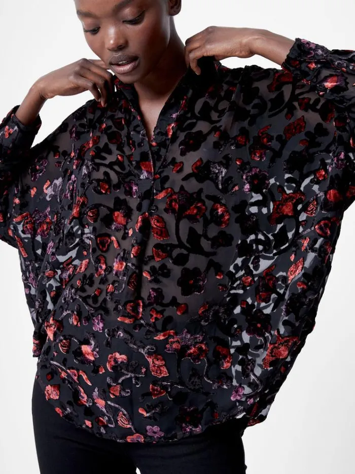 French Connection Tops Devore Popover Shirt Blackred 8211 Woman
