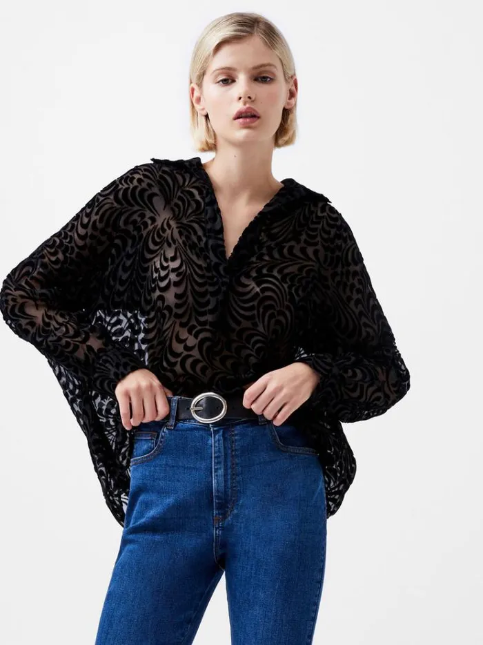 French Connection Tops Diandra Devore Long Sleeve Popover Shirt Blackout 8211 Woman