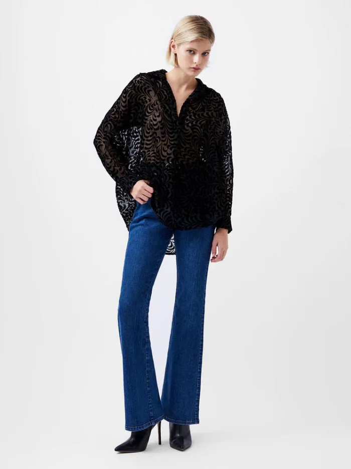 French Connection Tops Diandra Devore Long Sleeve Popover Shirt Blackout 8211 Woman