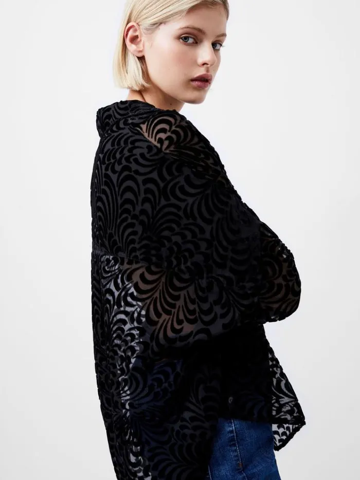 French Connection Tops Diandra Devore Long Sleeve Popover Shirt Blackout 8211 Woman
