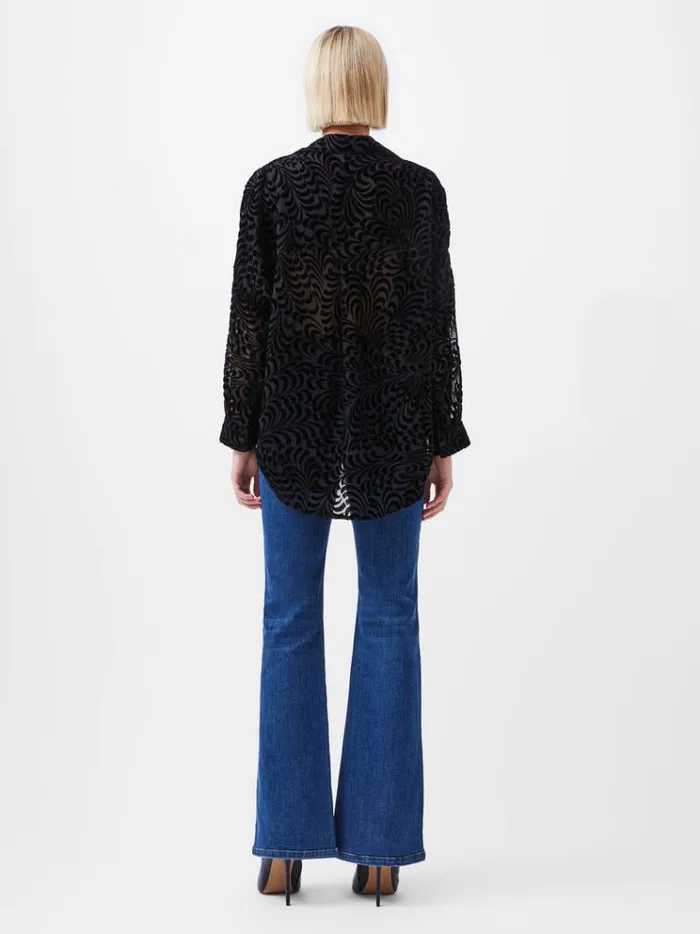 French Connection Tops Diandra Devore Long Sleeve Popover Shirt Blackout 8211 Woman
