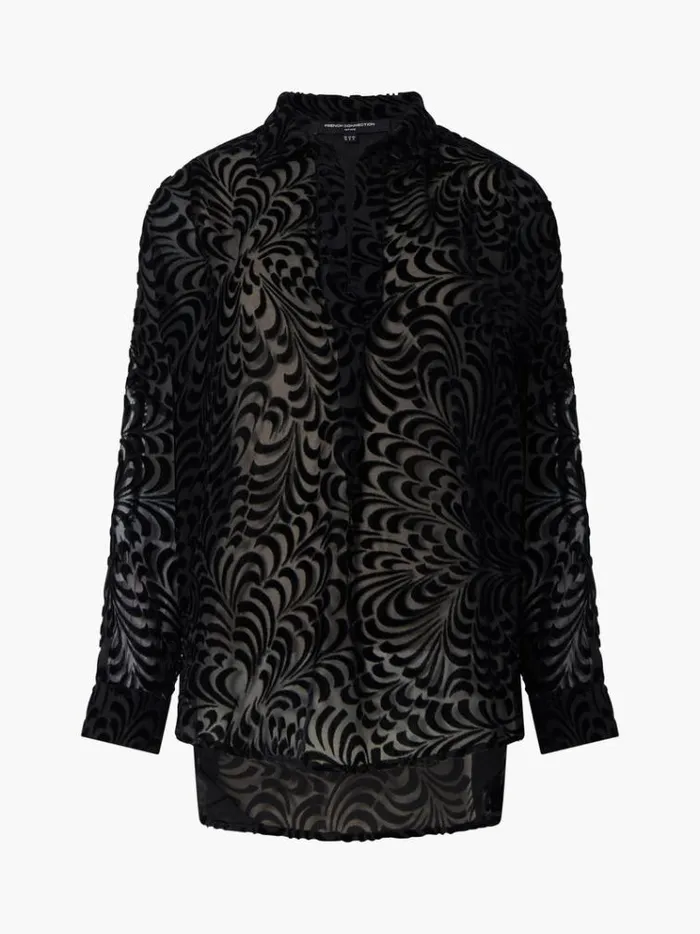 French Connection Tops Diandra Devore Long Sleeve Popover Shirt Blackout 8211 Woman