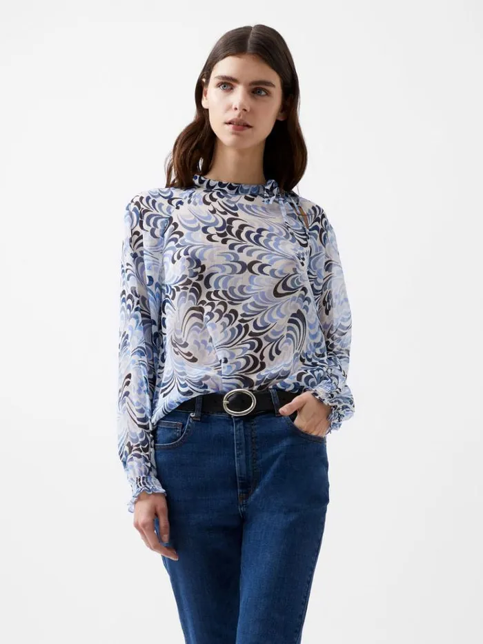 French Connection Tops Diandra Hallie Crinkle Blouse Summer Whiteblue 8211 Woman