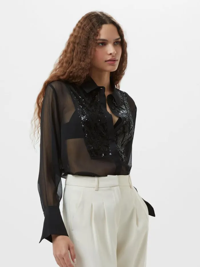 French Connection Tops Hana Adalynn Sequin Bib Shirt Blackout 8211 Woman
