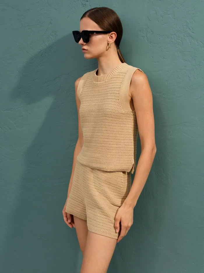 French Connection Tops Lumi Mozart Crochet Vest Biscotti 8211 Woman