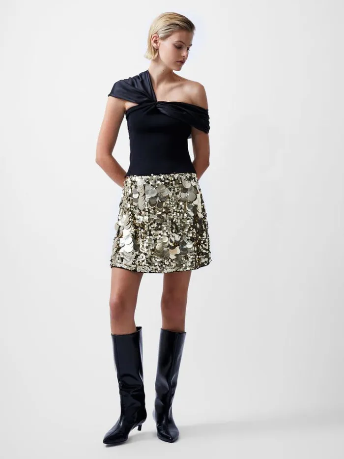 French Connection Tops Noelani Asymmetrical Organza Off Shoulder Top Blackout 8211 Woman