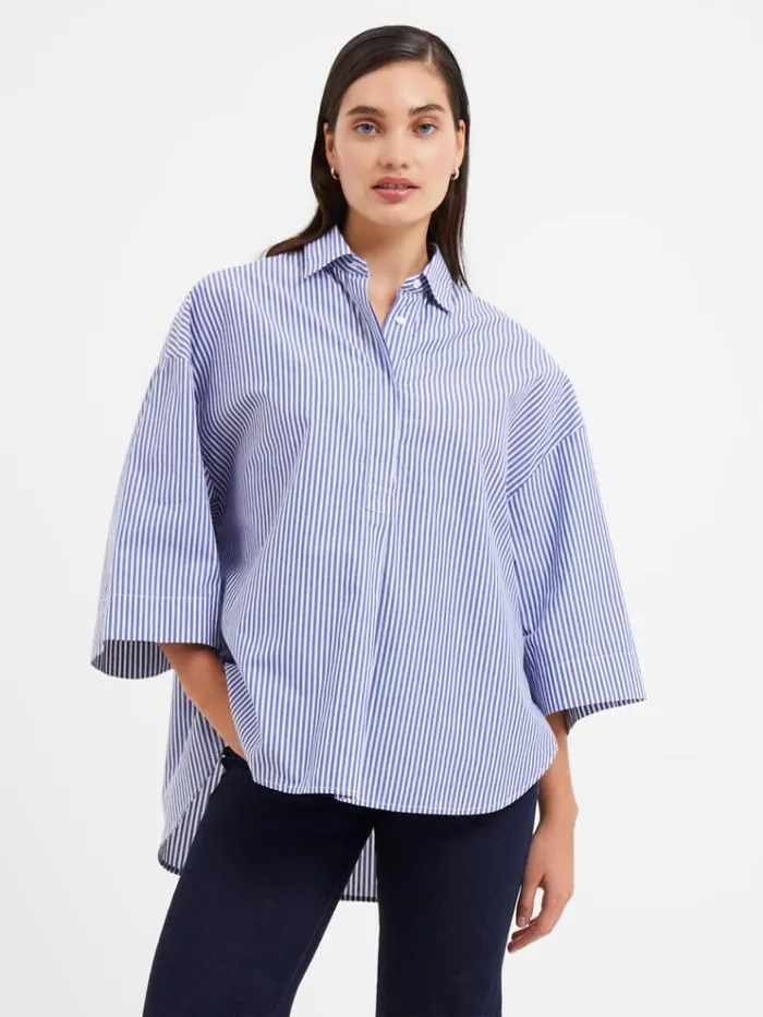French Connection Tops Rhodes Poplin Stripe Popover Shirt Linen Whitemarine 8211 Woman French Connection Tops Rhodes Poplin Stripe Popover Shirt Linen Whitemarine 8211 Woman
