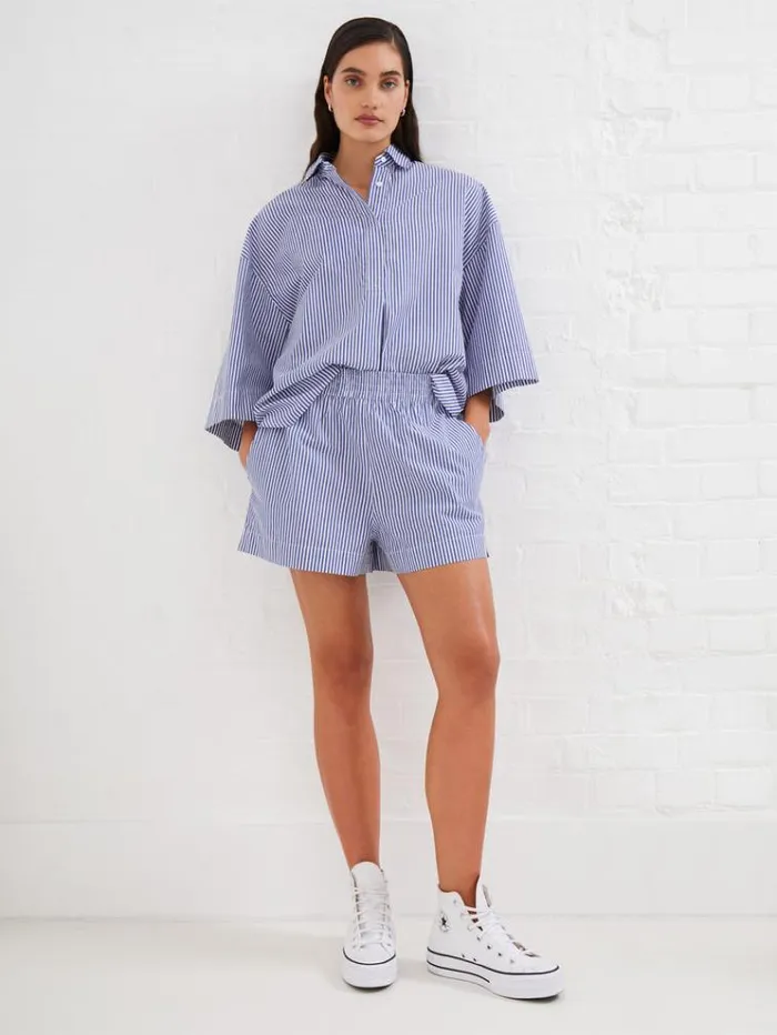 French Connection Tops Rhodes Poplin Stripe Popover Shirt Linen Whitemarine 8211 Woman