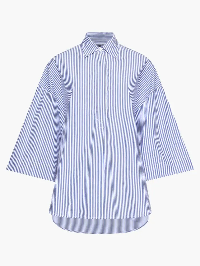 French Connection Tops Rhodes Poplin Stripe Popover Shirt Linen Whitemarine 8211 Woman