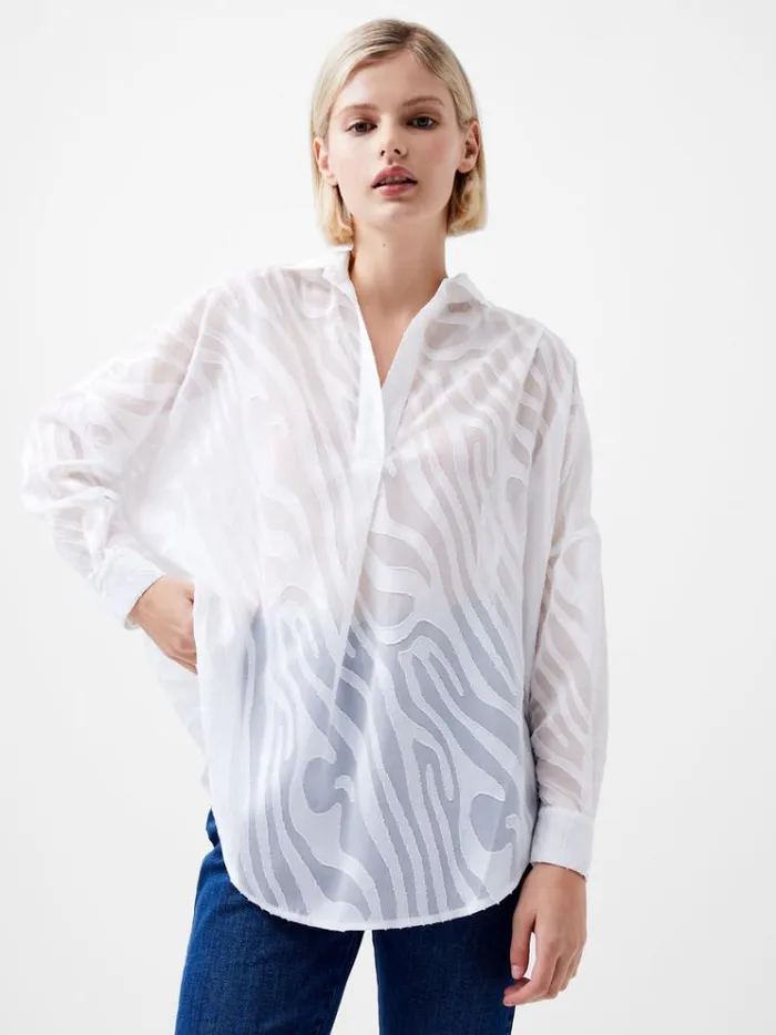 French Connection Tops Zebra Devore Popover Shirt Winter White 8211 Woman