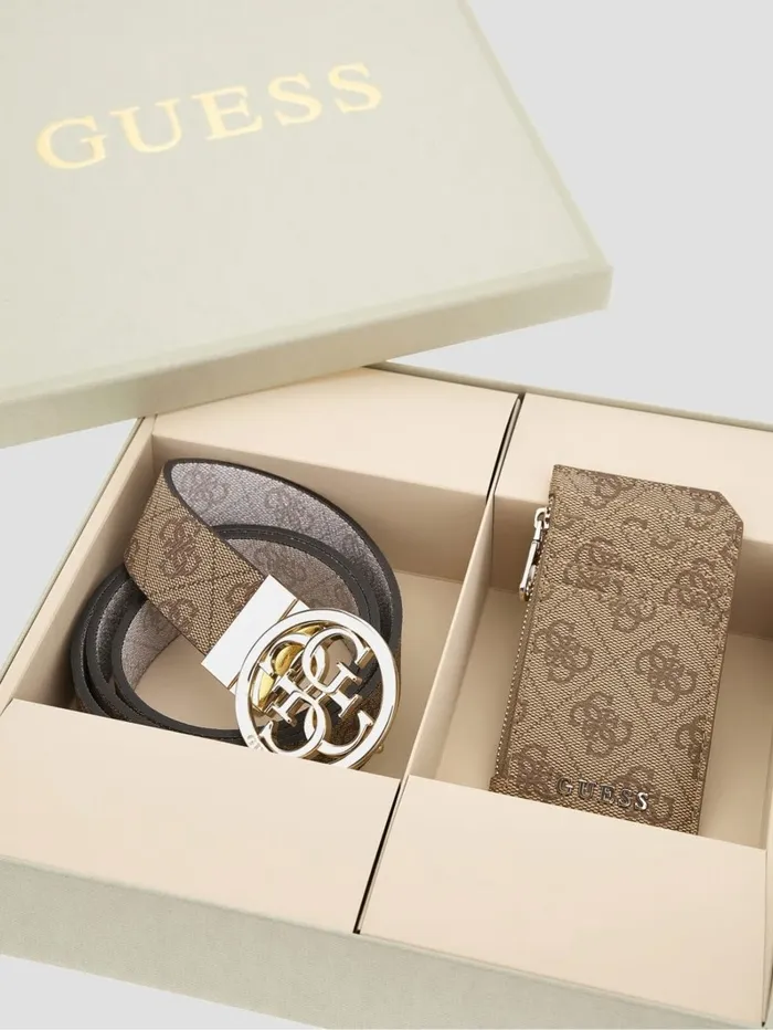 GUESS Belts Women Quattro G Belt and Card Holder Box Set Latte Logo