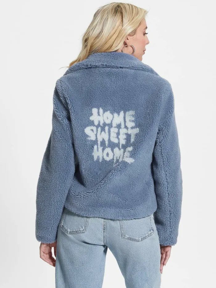 GUESS Daria FauxSherpa Moto Jacket Steel Blue Women Jackets and Coats
