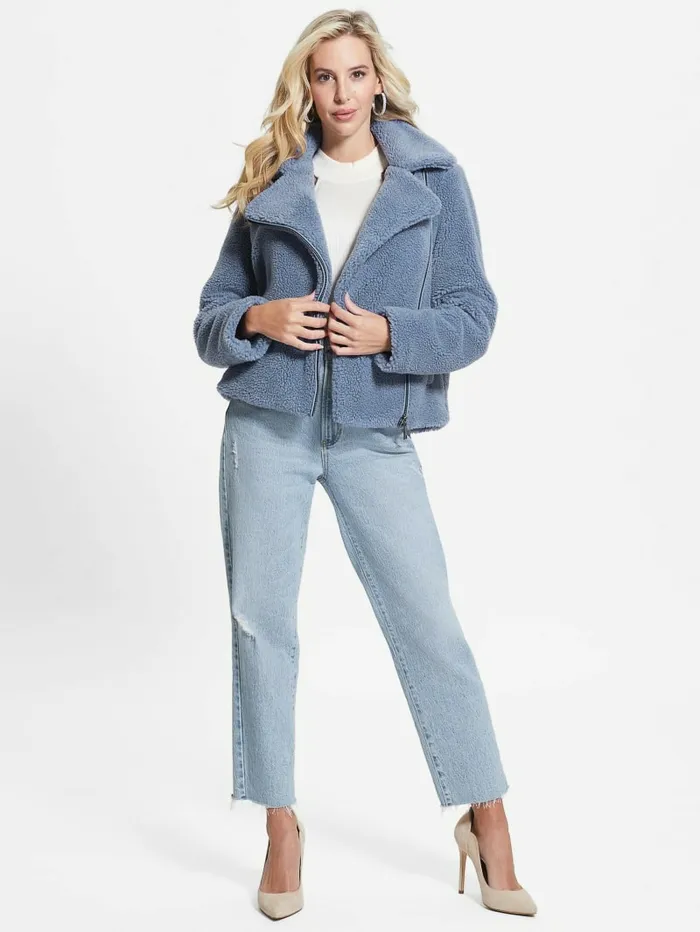 GUESS Daria FauxSherpa Moto Jacket Steel Blue Women Jackets and Coats GUESS Daria FauxSherpa Moto Jacket Steel Blue Women Jackets and Coats