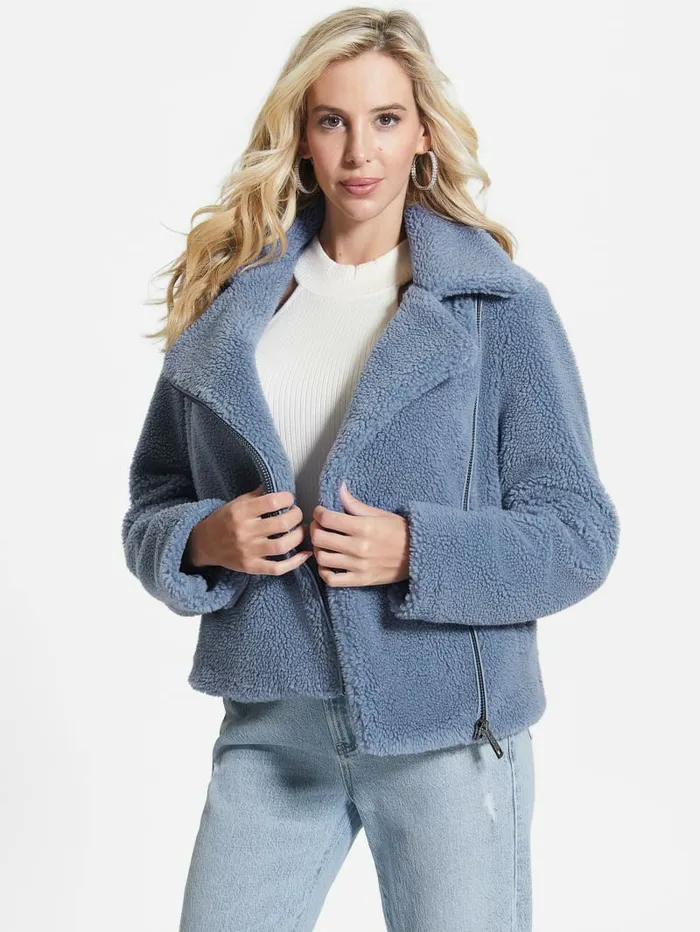 GUESS Daria FauxSherpa Moto Jacket Steel Blue Women Jackets and Coats GUESS Daria FauxSherpa Moto Jacket Steel Blue Women Jackets and Coats