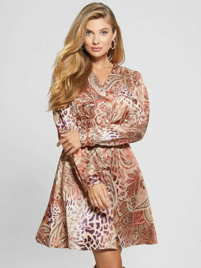 GUESS Eco Mirielle Printed Satin Dress Red Multi Pattern Women Dresses and Jumpsuits