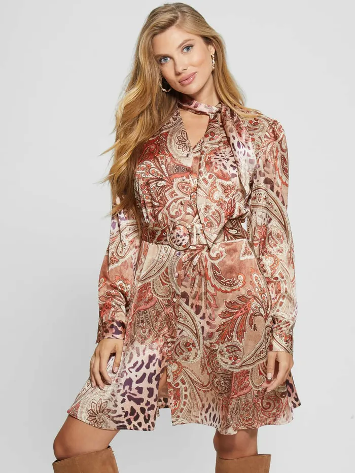GUESS Eco Mirielle Printed Satin Dress Red Multi Pattern Women Dresses and Jumpsuits