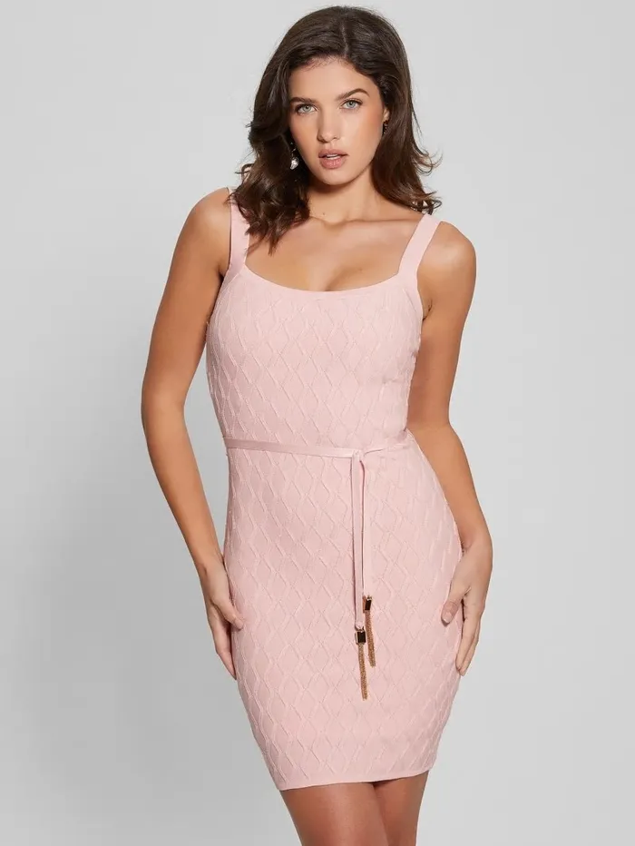 GUESS Genna Diamond Knit Sweater Dress Low Key Pink Women Dresses and Jumpsuits GUESS Genna Diamond Knit Sweater Dress Low Key Pink Women Dresses and Jumpsuits