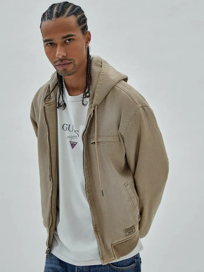 GUESS GUESS Originals Canvas Worker Hoodie Washed Brown Canvas Men Jackets and Coats