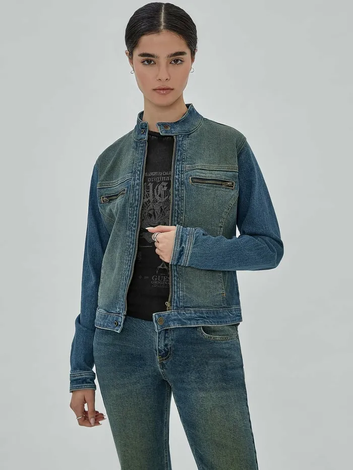 GUESS GUESS Originals Moto Zip Up Jacket Go Tinted Medium Wash Women Jackets and Coats GUESS GUESS Originals Moto Zip Up Jacket Go Tinted Medium Wash Women Jackets and Coats