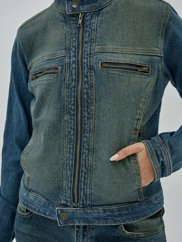 GUESS GUESS Originals Moto Zip Up Jacket Go Tinted Medium Wash Women Jackets and Coats GUESS GUESS Originals Moto Zip Up Jacket Go Tinted Medium Wash Women Jackets and Coats