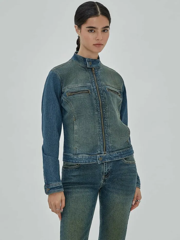 GUESS GUESS Originals Moto Zip Up Jacket Go Tinted Medium Wash Women Jackets and Coats GUESS GUESS Originals Moto Zip Up Jacket Go Tinted Medium Wash Women Jackets and Coats