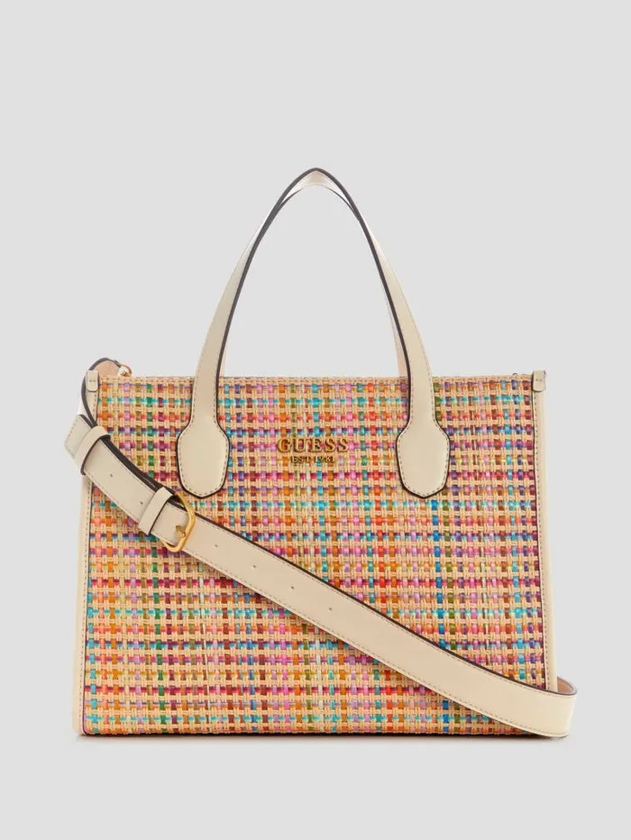 GUESS Handbags Women Silvana Colorful Straw Tote White Multi