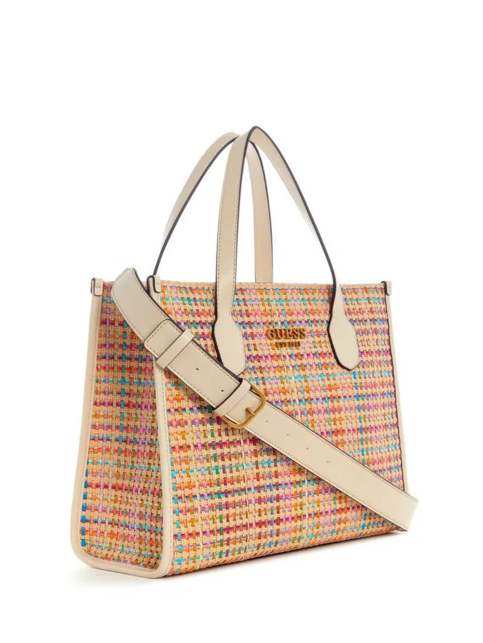 GUESS Handbags Women Silvana Colorful Straw Tote White Multi GUESS Handbags Women Silvana Colorful Straw Tote White Multi