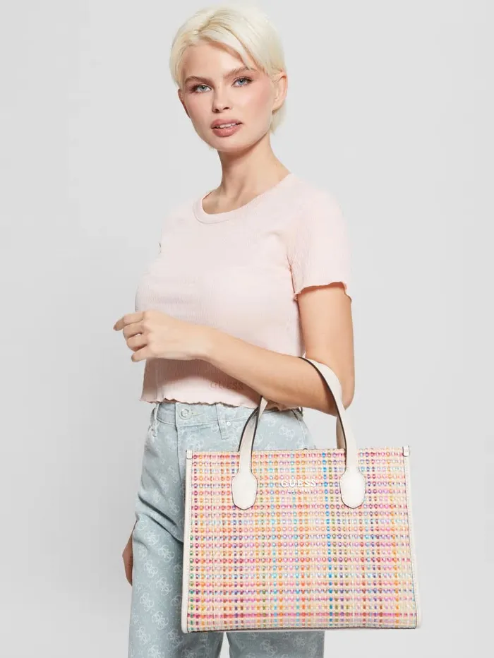 GUESS Handbags Women Silvana Colorful Straw Tote White Multi GUESS Handbags Women Silvana Colorful Straw Tote White Multi