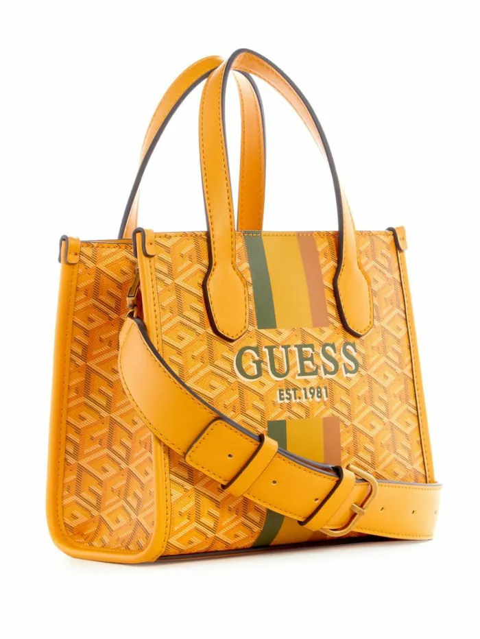 GUESS Silvana Mini Totes Yellow Logo Women Handbags GUESS Silvana Mini Totes Yellow Logo Women Handbags