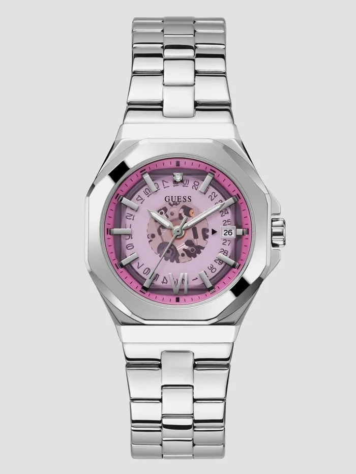 GUESS SilverTone and Pink Diamond Analog Watch Silver Women Watches