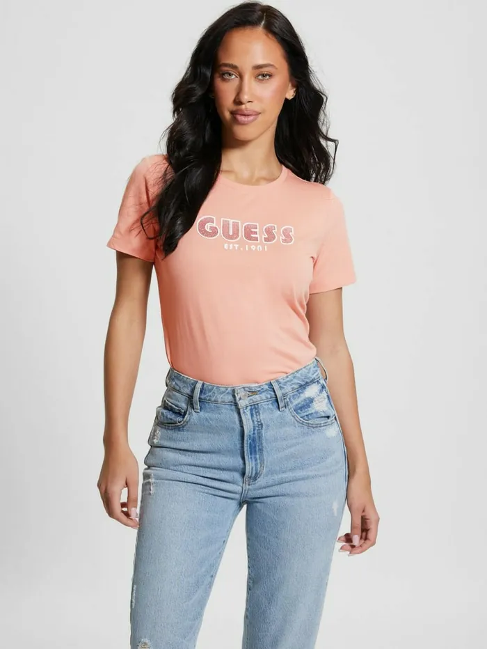 GUESS Tops Women Eco Crewneck Rhinestone Logo Tee Powder Rose GUESS Tops Women Eco Crewneck Rhinestone Logo Tee Powder Rose