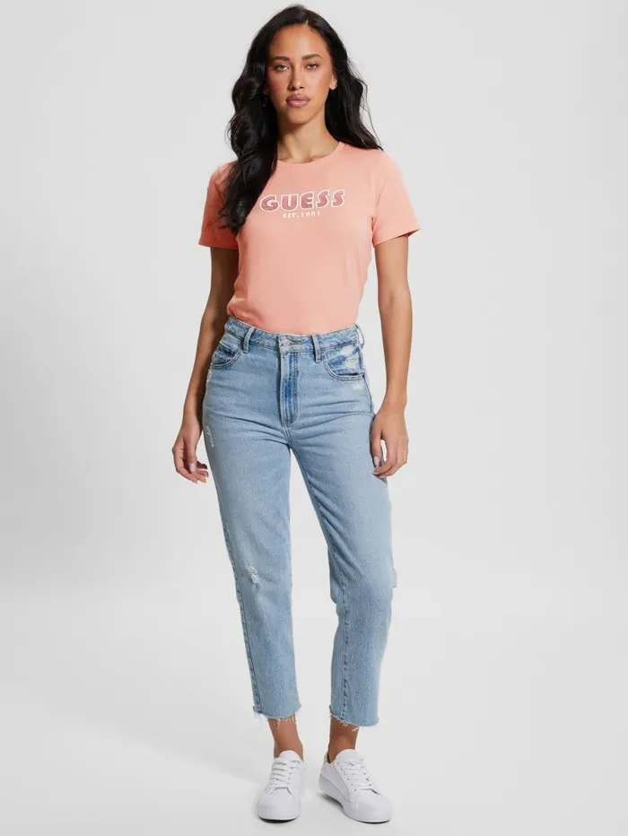 GUESS Tops Women Eco Crewneck Rhinestone Logo Tee Powder Rose GUESS Tops Women Eco Crewneck Rhinestone Logo Tee Powder Rose
