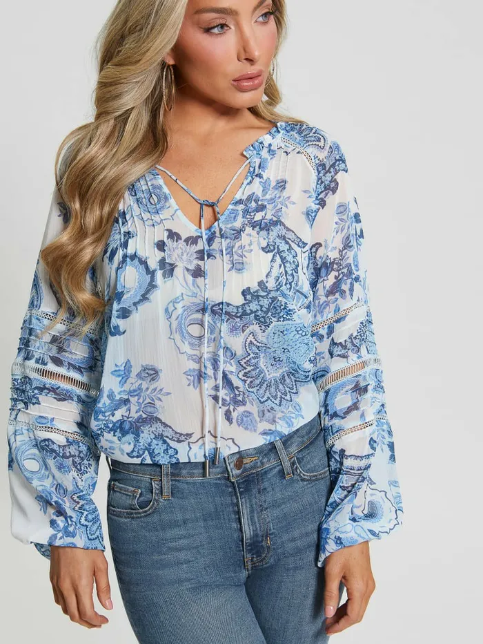 GUESS Tops Women Eco Gilda Sheer LongSleeve Blouse Blue Collectibles