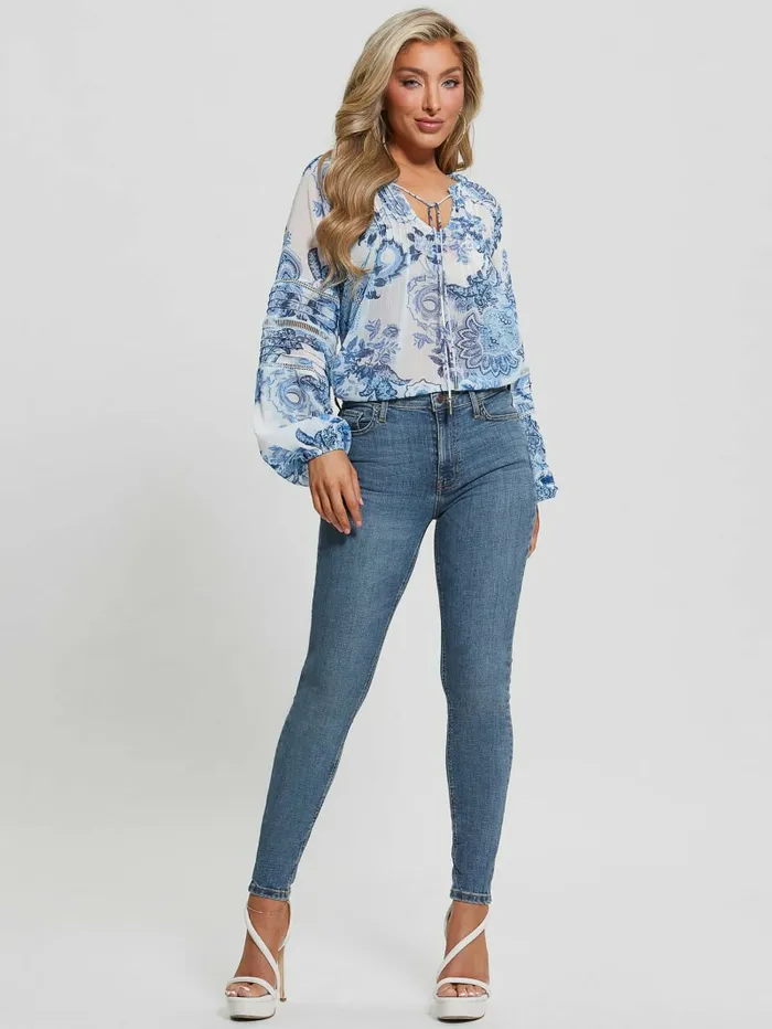 GUESS Tops Women Eco Gilda Sheer LongSleeve Blouse Blue Collectibles GUESS Tops Women Eco Gilda Sheer LongSleeve Blouse Blue Collectibles