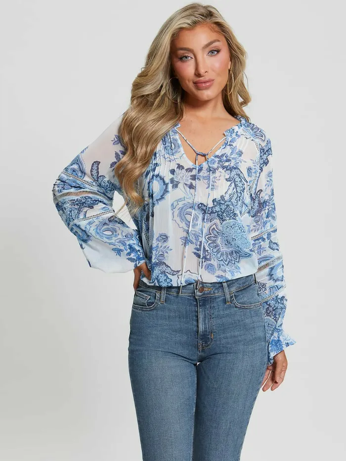 GUESS Tops Women Eco Gilda Sheer LongSleeve Blouse Blue Collectibles GUESS Tops Women Eco Gilda Sheer LongSleeve Blouse Blue Collectibles