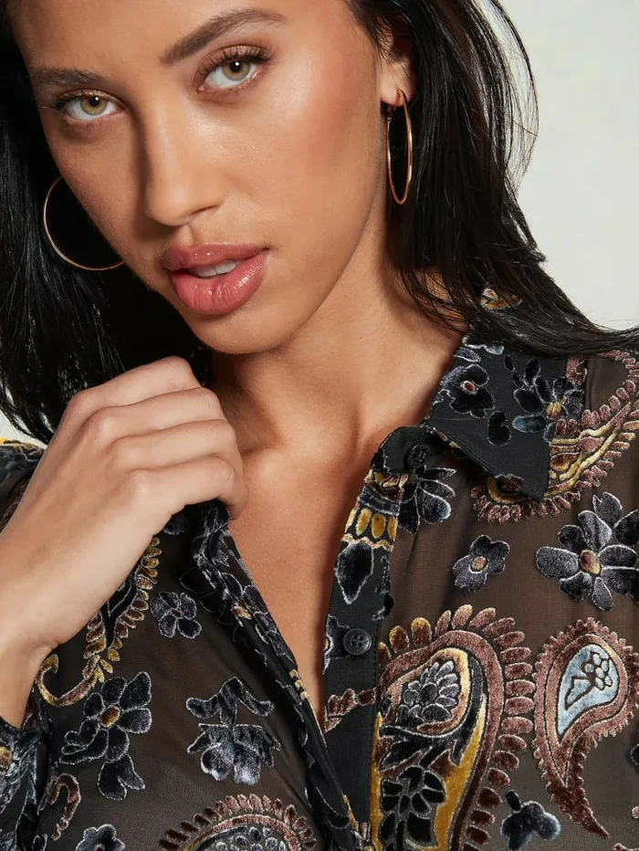 GUESS Tops Women Sheer Velvet Paisley Top Jet Black Multi