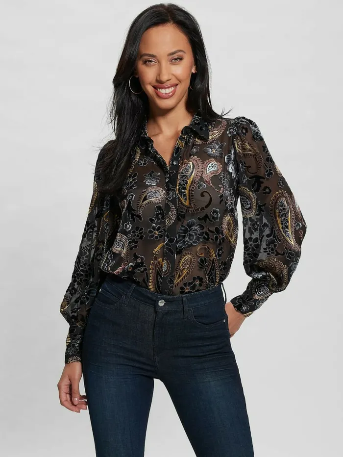 GUESS Tops Women Sheer Velvet Paisley Top Jet Black Multi GUESS Tops Women Sheer Velvet Paisley Top Jet Black Multi