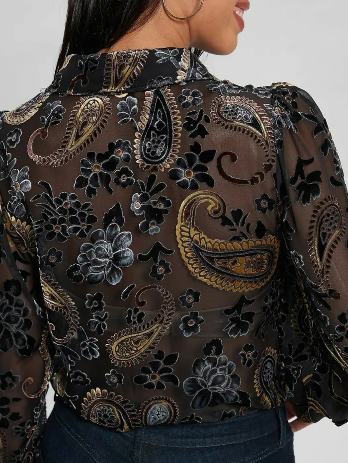 GUESS Tops Women Sheer Velvet Paisley Top Jet Black Multi GUESS Tops Women Sheer Velvet Paisley Top Jet Black Multi