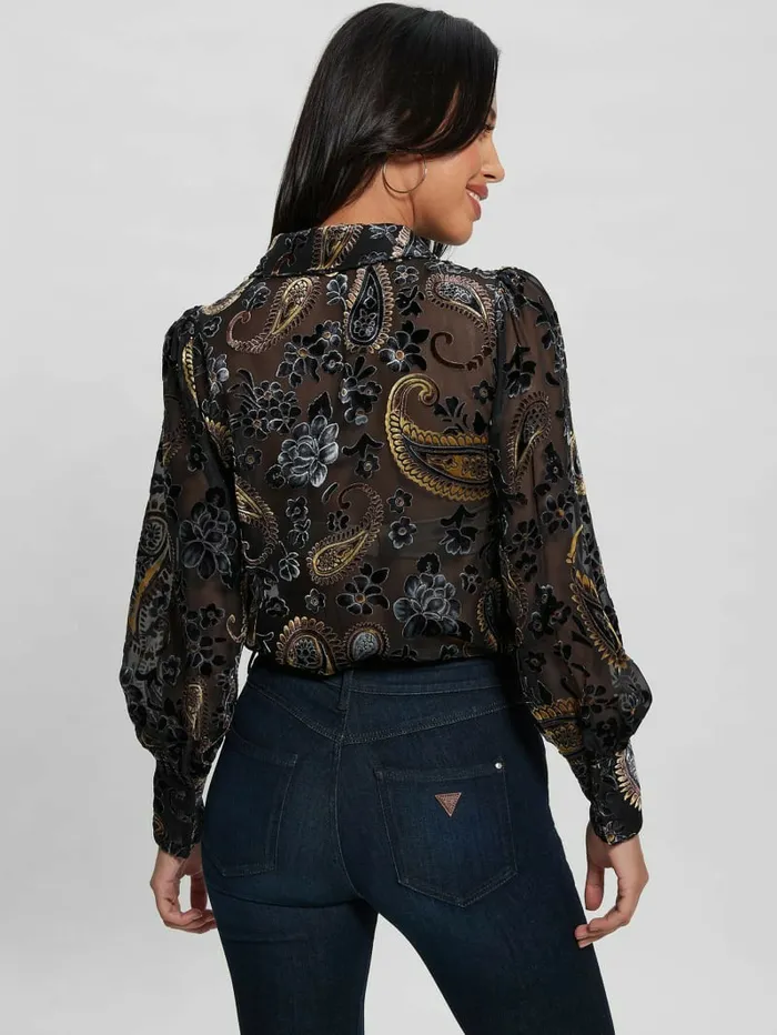 GUESS Tops Women Sheer Velvet Paisley Top Jet Black Multi GUESS Tops Women Sheer Velvet Paisley Top Jet Black Multi