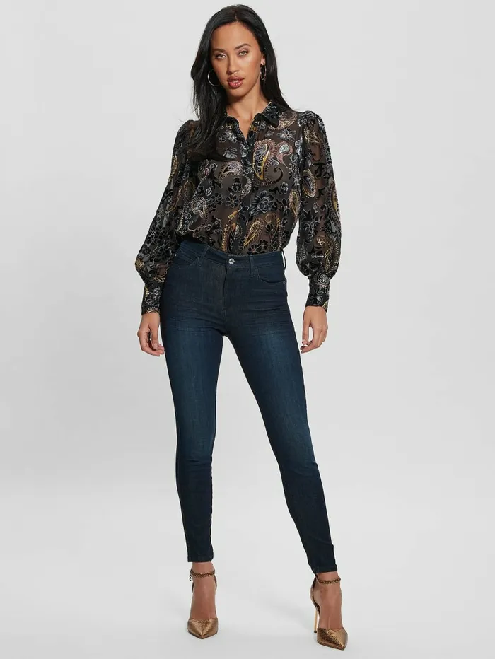 GUESS Tops Women Sheer Velvet Paisley Top Jet Black Multi GUESS Tops Women Sheer Velvet Paisley Top Jet Black Multi