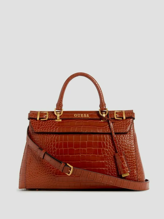 Handbags GUESS Women Sestri CrocodileEmbossed Satchel Cognac