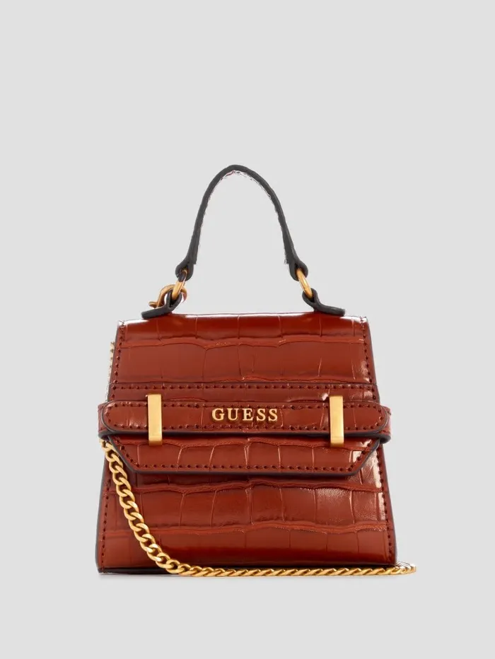 Handbags Women GUESS Sestri CrocodileEmbossed Mini Crossbody Cognac