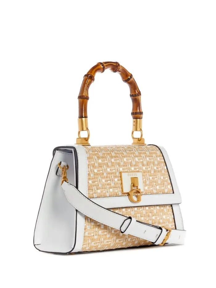 Handbags Women GUESS Stephi Straw Logo Bamboo FoldOver Satchel White Multi