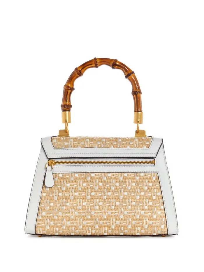 Handbags Women GUESS Stephi Straw Logo Bamboo FoldOver Satchel White Multi