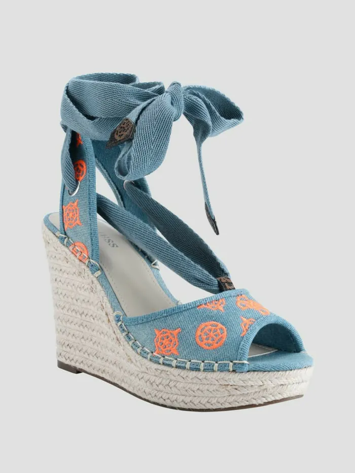 Heels GUESS Women Halona Tie Espadrille Wedges Denim Tie Dye