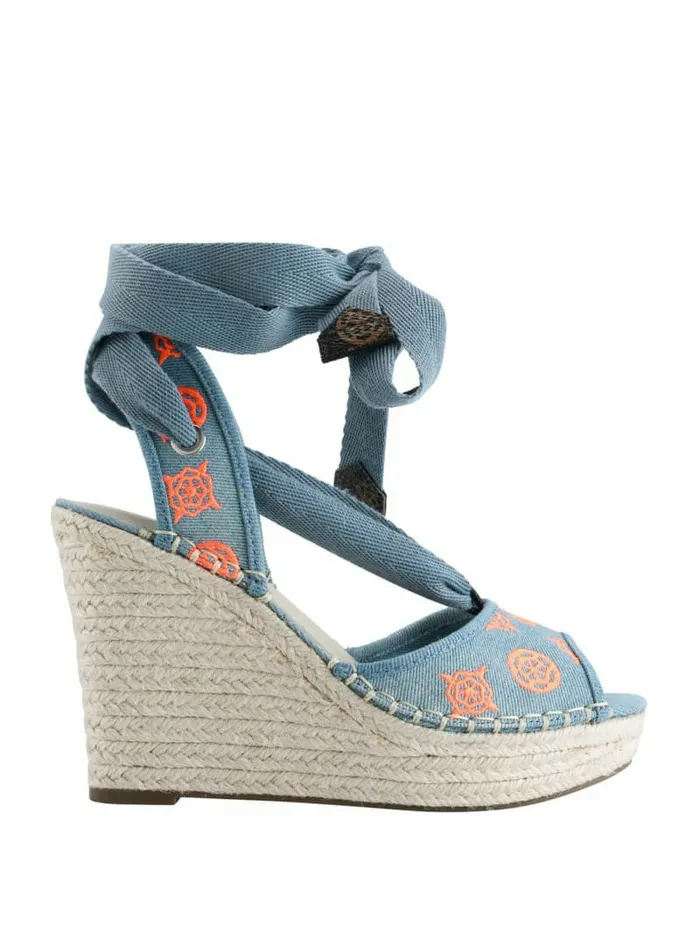 Heels GUESS Women Halona Tie Espadrille Wedges Denim Tie Dye Heels GUESS Women Halona Tie Espadrille Wedges Denim Tie Dye